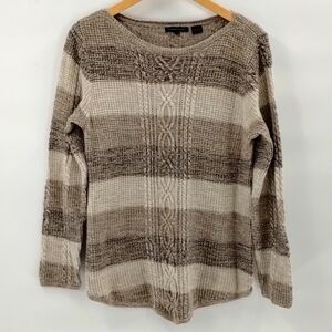 Jeanne Pierre cable knit sweater neutral colors size large rounded hem cotton